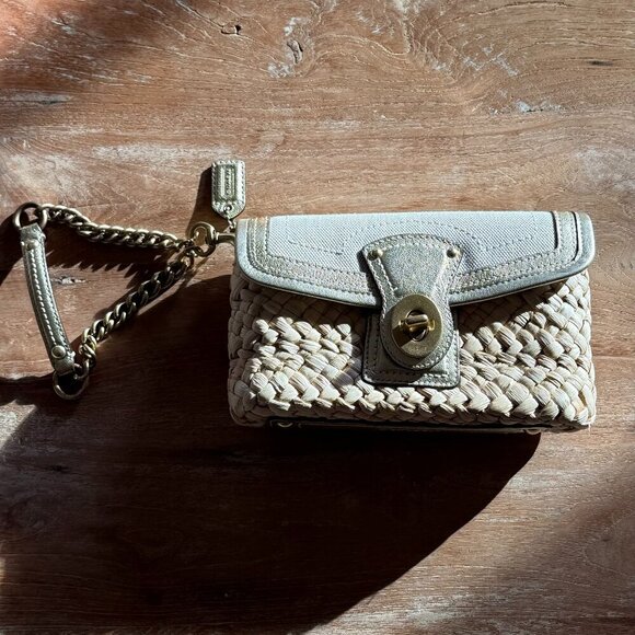 COACH Straw & Leather Turnlock Clutch, Natural Linen - Picture 1 of 3